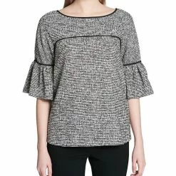 Brand new 👏 Calvin Klein Bell-Sleeve Piped Tweed Top 👩 Women Tops ⌛