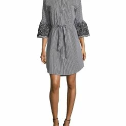 Hot Sale ⌛ Calvin Klein Embroidered Bell-Sleeve Tied 👚 Shirt 👗 Dress 👩 Women 👗 Dresses 👍
