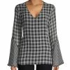 Best Sale 👍 Calvin Klein Gingham V-Neck Bell-Sleeve Top 👩 Women Tops ✨ -Calvin Klein shop 1050955608 RLLZ 1