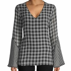 Best Sale 👍 Calvin Klein Gingham V-Neck Bell-Sleeve Top 👩 Women Tops ✨